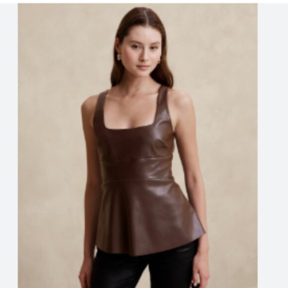 Banana Republic Faux Leather Sleeveless Square Neck Top Oak Brown NWT Size 4 - Picture 1 of 11